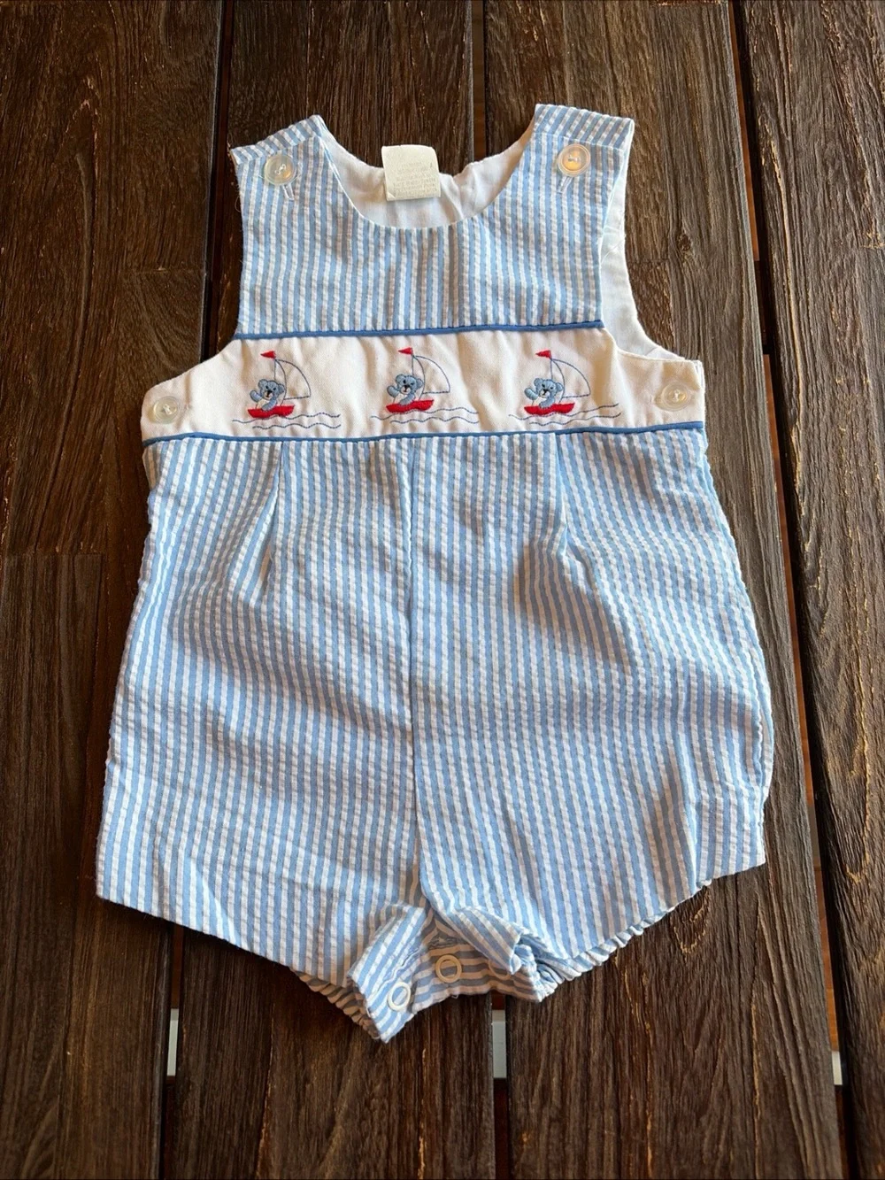 Baby Blue Striped Seersucker Romper Embroidered Nautical Teddy Bear 6-9 Mo